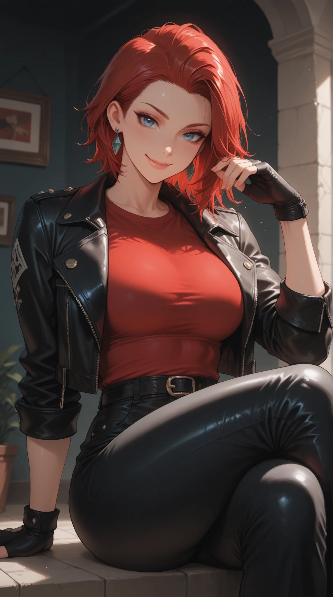(masterpiece, best quality, detailed), 1girl, solo, looking at viewer, hephaistos, eyepatch, white shirt, cleavage, black gloves, elbow gloves, black pants,
balcony, wooden fence, building, leaning forward, arm support, from below, parted lips, smile, autumn, autumn leaves, town, fantasy, medieval