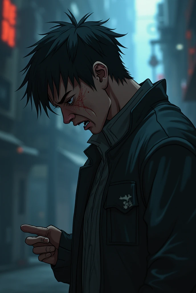 Manga where a boy of 18 year in Tokyo city streets sitting in bench and taking support of wall and coffing blood and his solder is brutally damaged and one hand is kept in injured hand and the place little bit dark 
