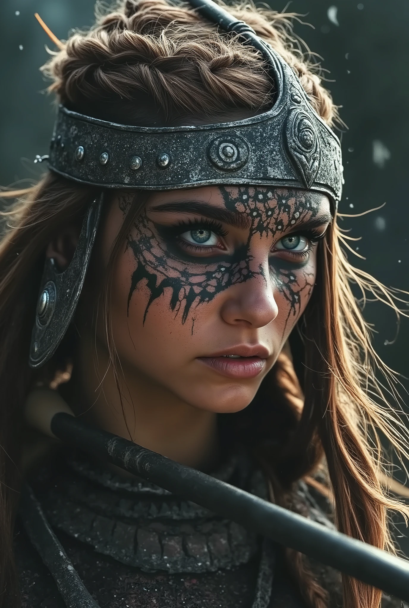 , tribal, wolf hat, spirit energy , energy flows, military paint, face painting, eye black , glowing eyes, in profile, trained hands, pigtails, big breasts, dark and gloomy background, adds a dramatic tone, subtle highlights, ray tracing, Angle, particle effect, woman holding a sword ,