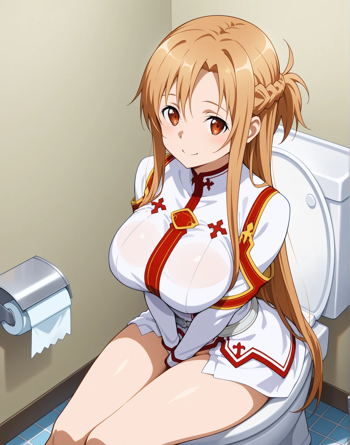 nsfw,Asuna yuki(Sword Art Online), Dynamic Angle, Long bronze hair,Braiding,Brown eyes,Beautiful Eyes,Roll Forward,Armature,breastplate,Long sleeve white shirt,Removed sleeve,Red and white skirt,Pleated skirt,Real,Her slim legs are really cute.,Very beautiful long legs.,White thighs,garter,Perfect body,Real, from the front ,Sit on a chair、Spread your legs ,( White embroidered panties), (,arms behind back,)