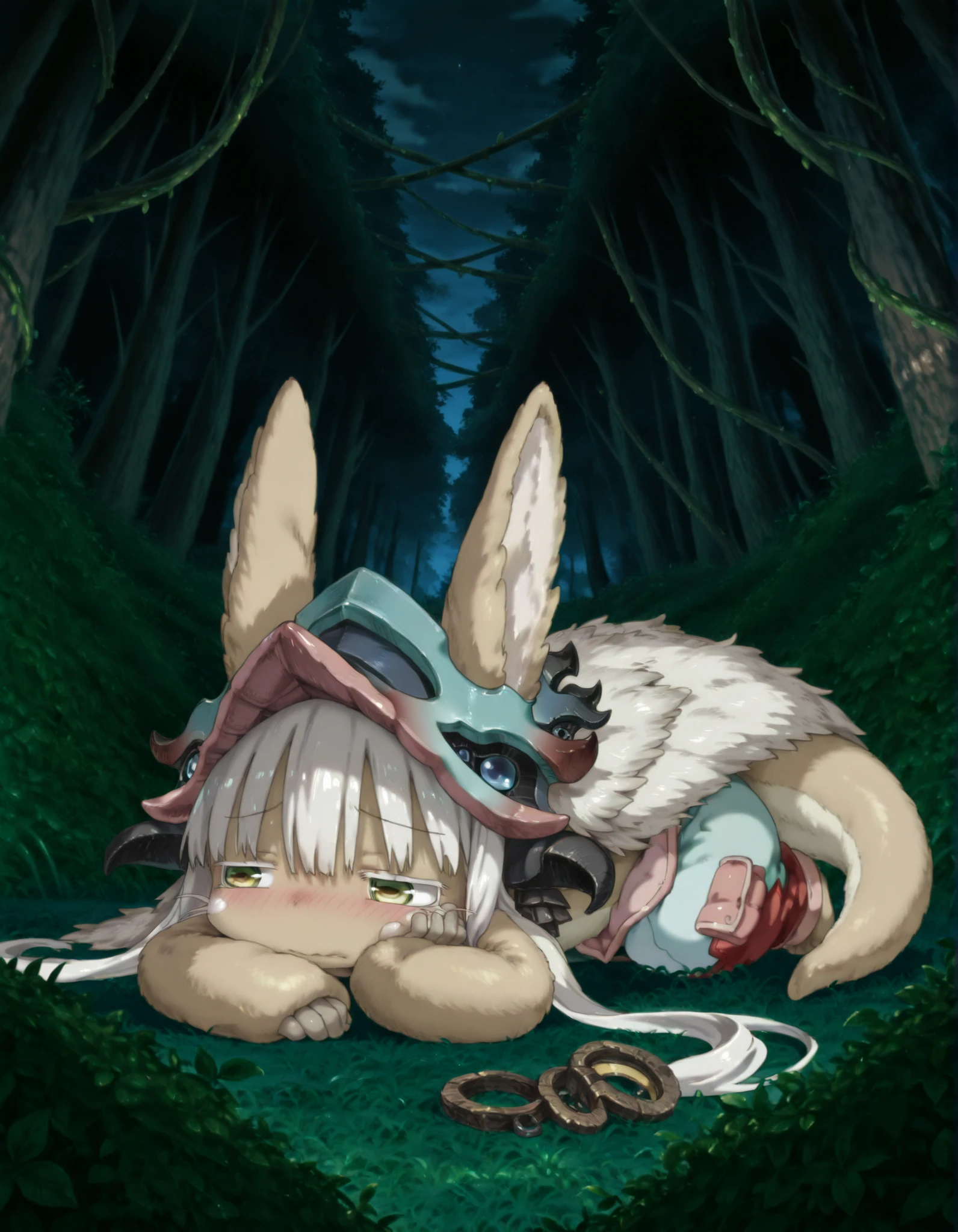 miabyss,, made in abyss,, nanachi \(made in abyss\), solo, lagomorph, abyssal pants, abyssal hat, looking aside, embarrassed, narrowed eyes, night, forest, vine, on front, hand on cheek, leaning on elbow, plant, grass, detailed background, clutter, dynamic, intricate