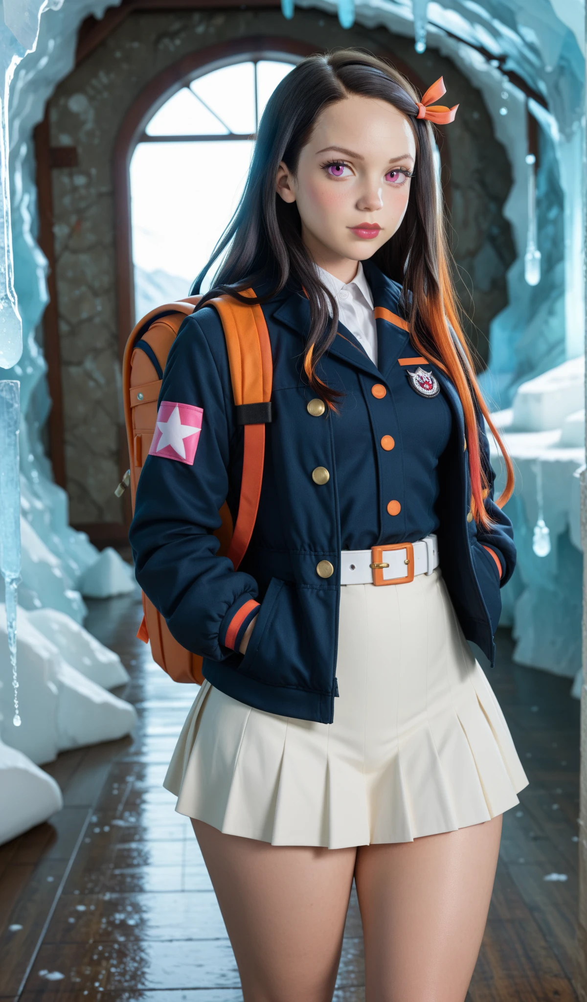 ,colorful,(masterpiece:1,2), best quality, masterpiece, highres, original, extremely detailed wallpaper, 1girl ,smile,solo, grey hair, blue eyes, original_outfits,red cape,white pants, gloves,, uniform,A girl with long brown hair, has brown eyes with long eyelashes, her cheeks are natural red