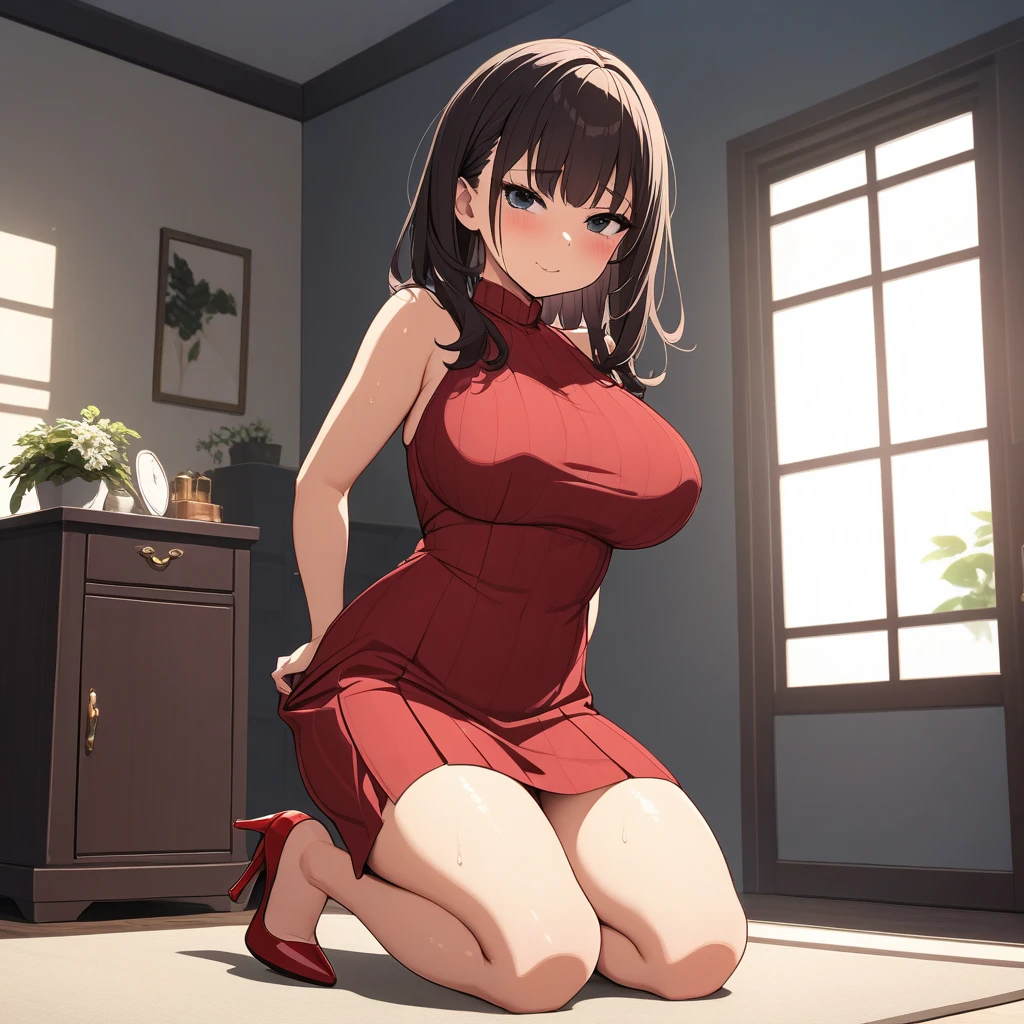 (high quelity), Kirigaya Suguha, JK, short red dress, thight stockings, mischievous smile, light blush, looking at viewer, huge breasts, precise hands, sexy pose, detailed ball in the background, high heels, bend knee, cleavage
