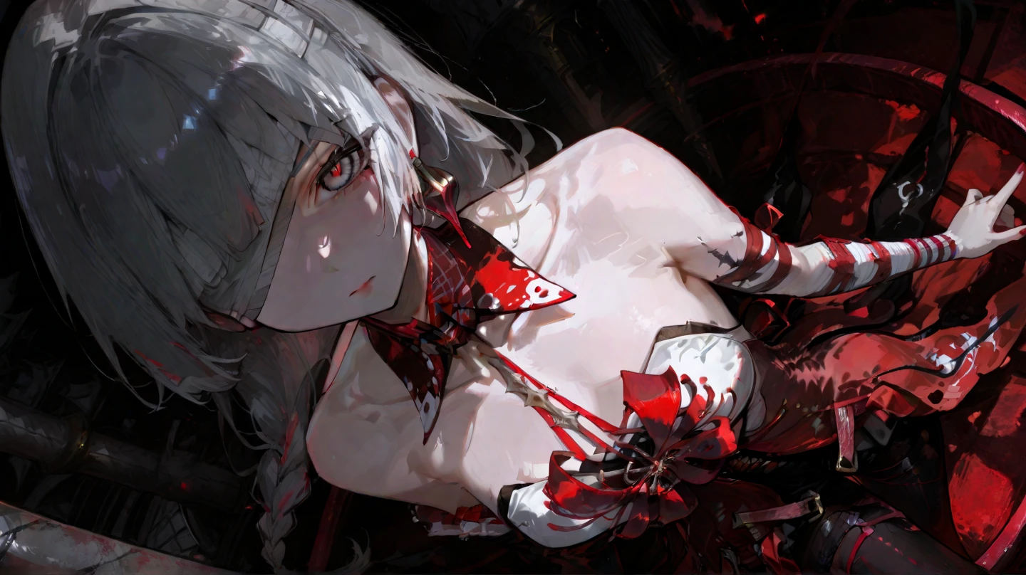 Long gray hair,blood red eyes,Necklace with cross,Wearing a black and white goth bikini