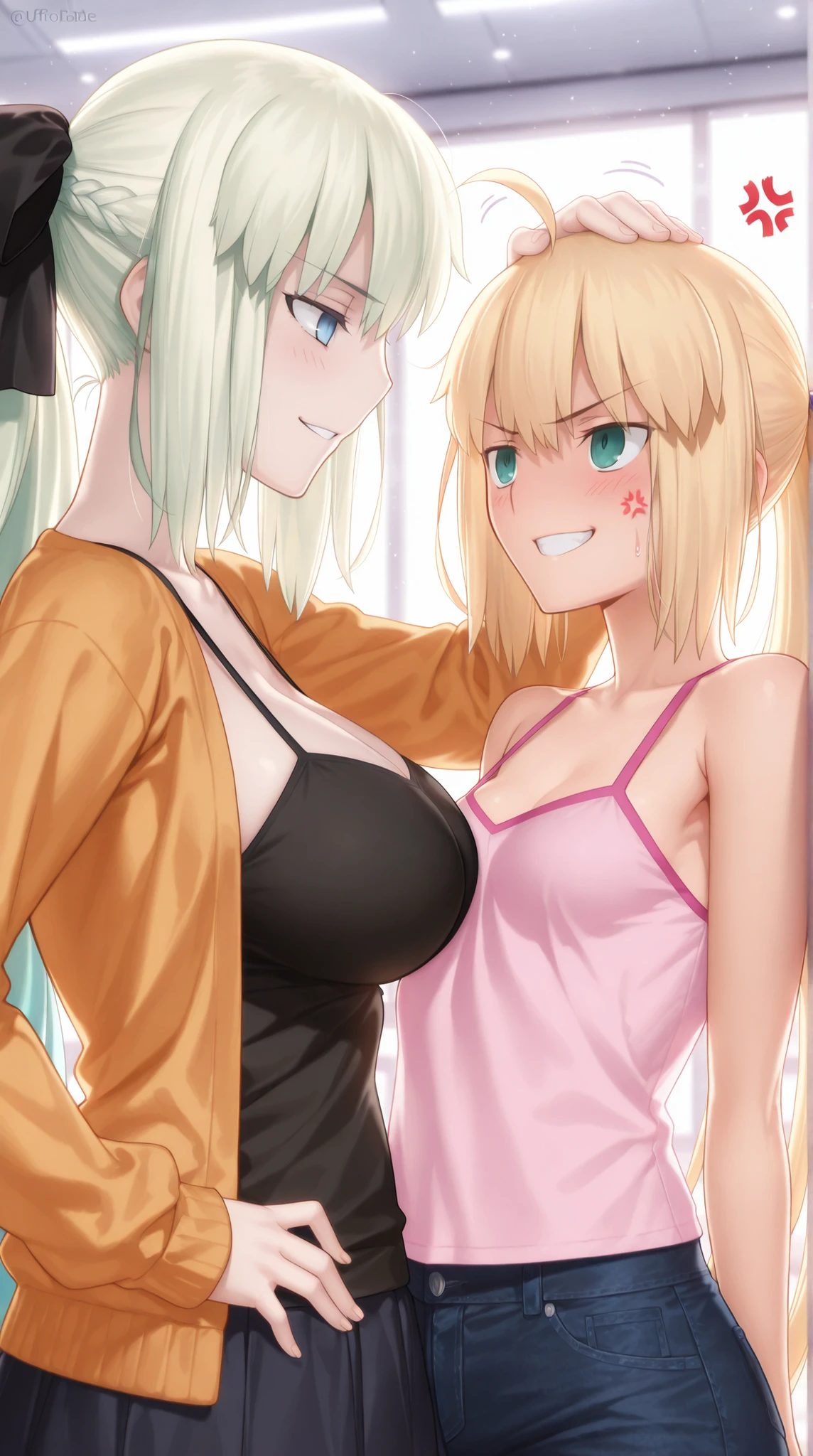 high resolution, masterpiece, necessary, detail, best quality, quality, necessary, details, High details, Precise,
2girls, agirl_and_bgirl, ufotable style, ufotable anime, upper body, in profile, facing each other, bumping breasts, hands on hips, They are glaring at each other,
agirl,Morgan le fay, Fate Grand Order, fate, Fate Grand Order, long hair, ponytail, blue eyes, huge breasts, angry, grin, Patting someone's head, (sweater), (skirt),
Bgirl, Artoria Caster, Castoria, Fate Grand Order, Fate, Fate Grand Order, Blonde Hair, green eyes, small breasts, blush, angry, (Anger Mark), (half shut eyes), (camisole), (Short denim),