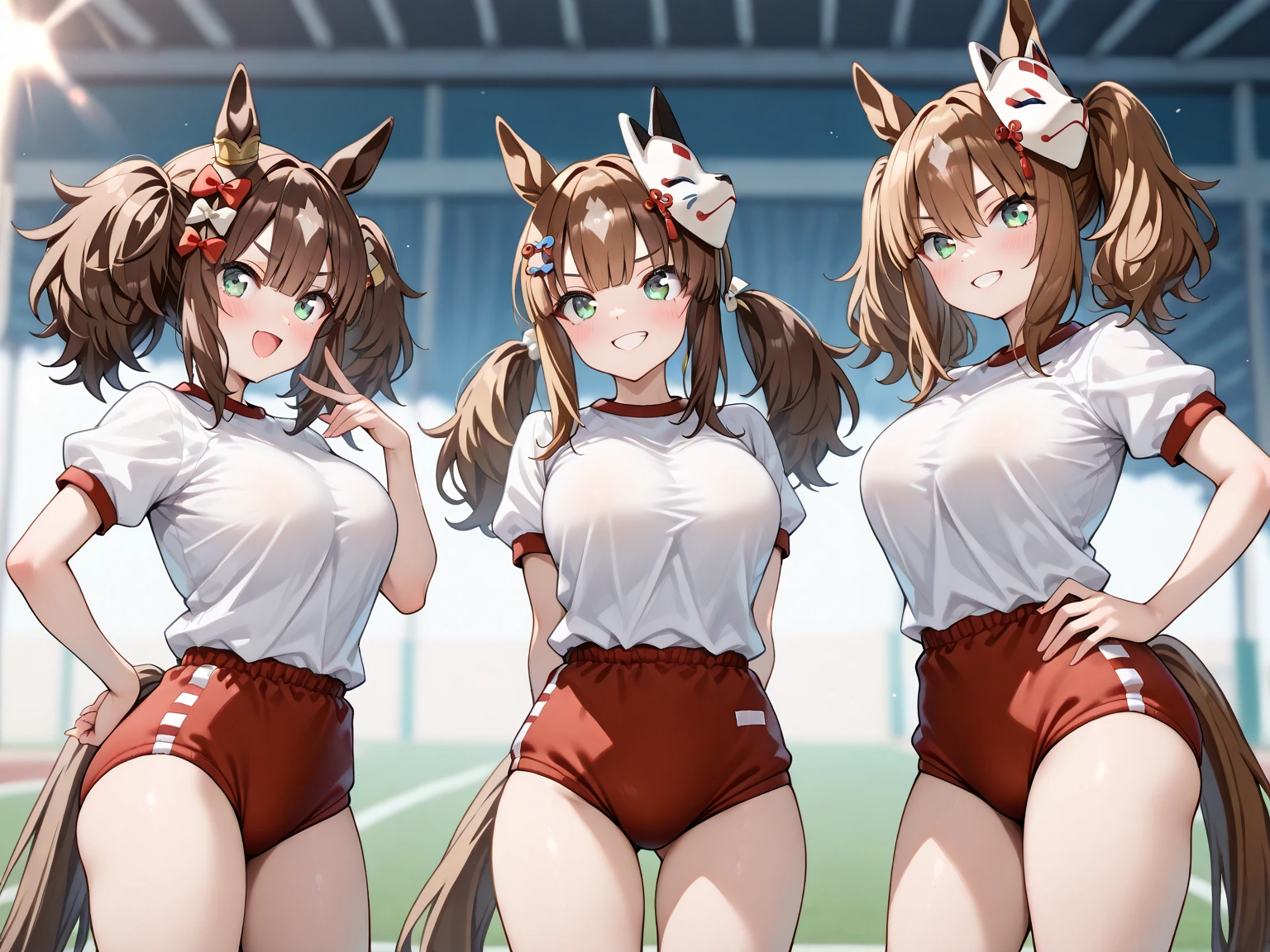 Fennec, young female, showing pussy, cute, kemono, happy face, standing, stadium, confeti, eyes closed, celebreting, stadium chairs, small breats, up hands
