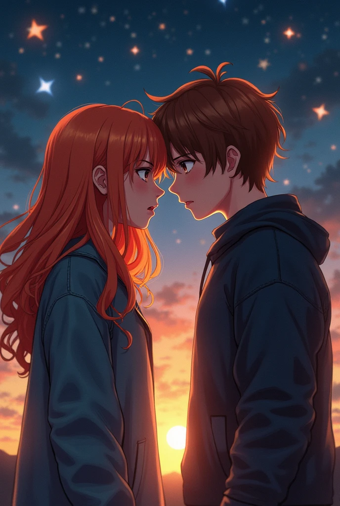 a blue-eyed, red-haired girl and a gray-eyed, brown-haired guy, both in their early twenties, holding hands, standing opposite each other, and both have tears streaming from their eyes