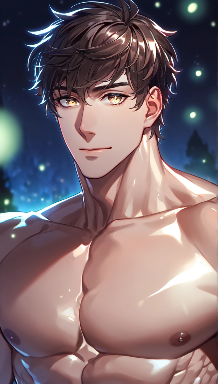 absurdres, highres, ultra detailed, HDR, master piece, best quality, extremely detailed, Nanami Kento, blonde hair, expressive brown eyes, Jujutsu Kaisen, solo, sexy man, handsome, toned chest, bare chest, sensual, fantasy, room, sparkling, blue glittering fireflies, blue moon, blue blossoms, blue chrysanthemums, blue sparkling lights, starry sky, magical