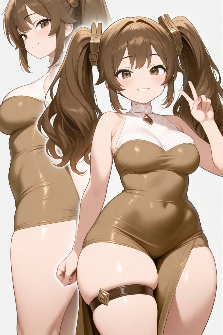 forehead, long wavy brown hair, yellow swimsuit, nsfw,glamorous, ((out the ass ))