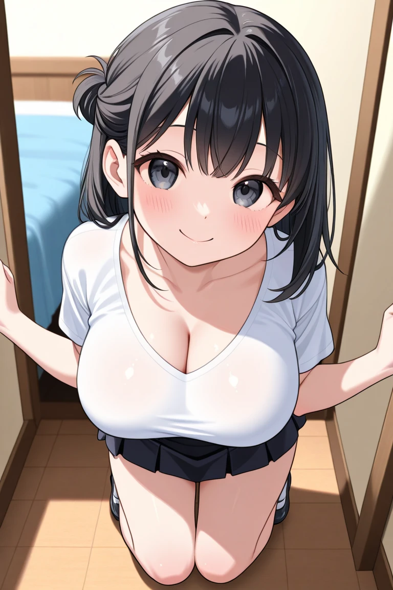 , pov, paizuri, 2girls,, 1boy, , , paizuri, penis between the breasts, cleavage, , sweat, breasts, naughty, sweat, t shirt, clothed titfuck, , window, naughty, stepsiste laughed, room, warm hot summer