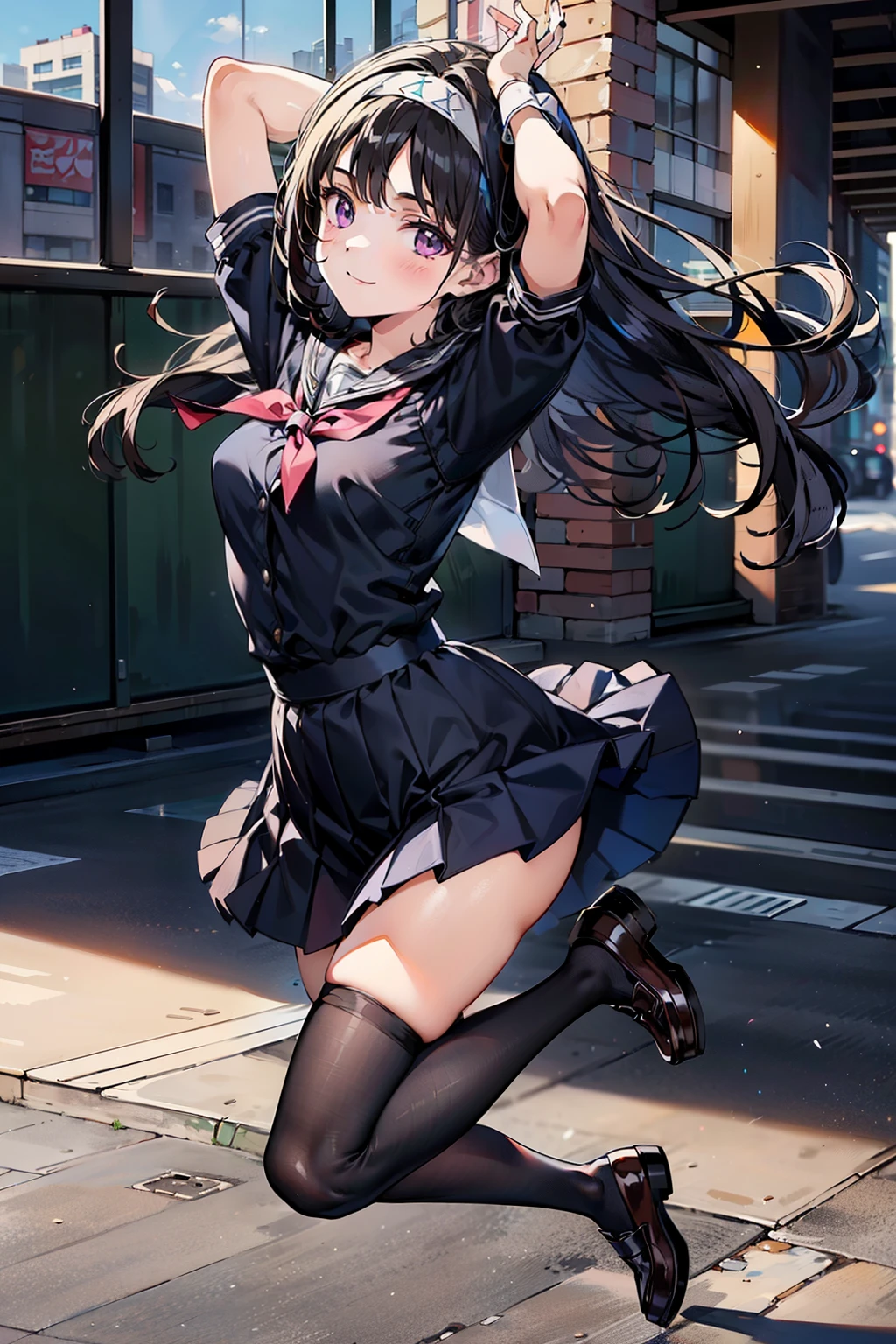 master piece, extremely detailed, high resolution, Makoto shinkai style, ONE high school girl, going up the escalator, looking back at you with her back to you, miniskirt, panties visible, embarrassed as she holds her skirt down, glossy full lips, shiny hair, black hair, medium-long straight hair, short-sleeved shirt, blue bow tie, mid-bust, slender waist, above the waist, looking at the camera, brown eyes, pink lips, blushing cheeks and embarrassed, striped panties visible