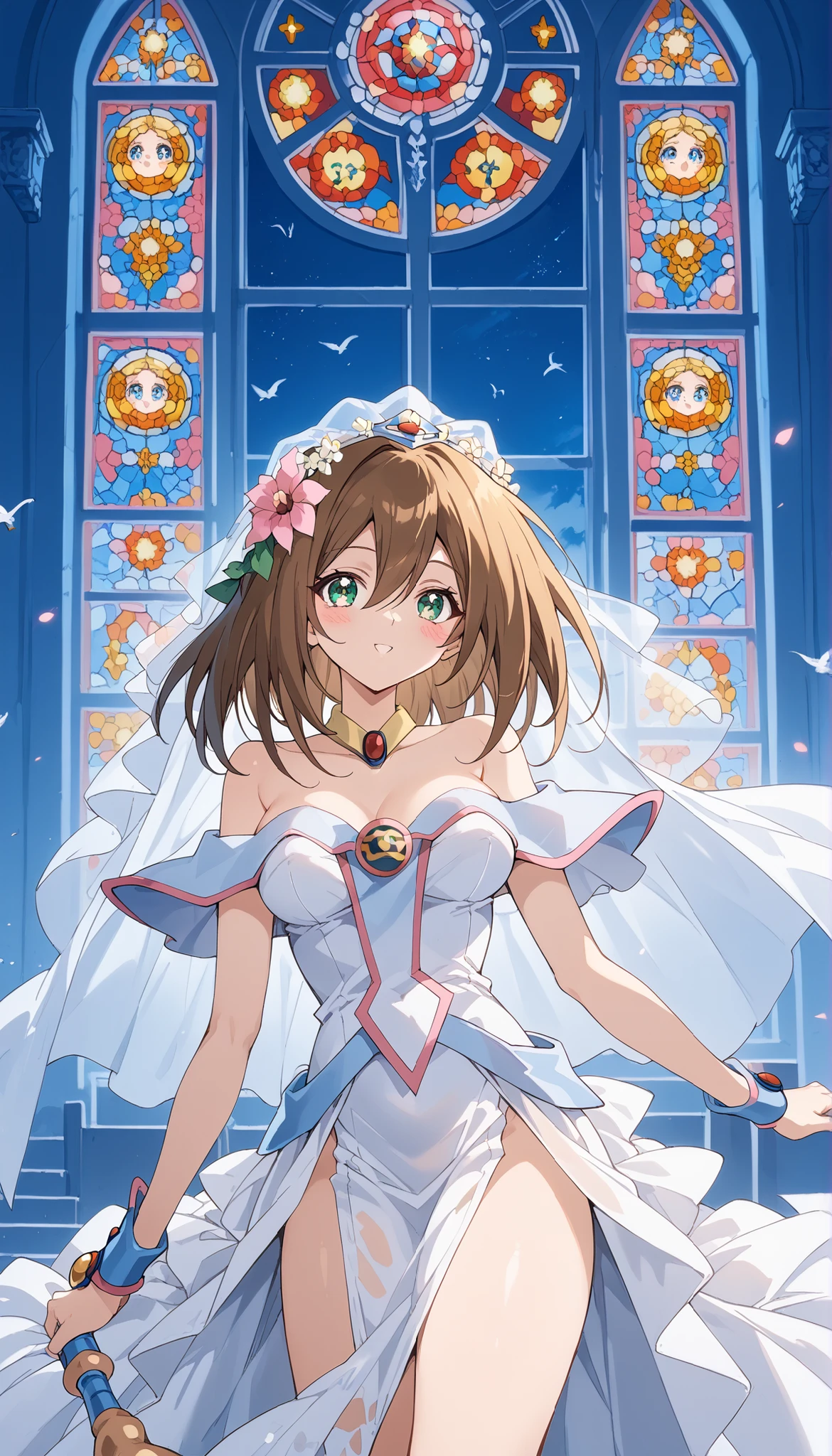 NSFW ((dark Magician girls)Top Quality, high image quality, 16k, very absurd, very well detailed, 2.5D, delicate and dynamic, church, Colourful Stained Glass, Small, Faint Light and Flying Fireflies, night , starry sky, Milky Way, nebula, shooting star, flower, bird, Wind and Moon, Xiaoyan, Extremely delicate facial expression, delicate eye description, upper body closeup, erotic, the only sexy woman, Healthy body shape, A woman , bride, 150cm tall, SMALLE BREASTS, Colorful Tiaras, long wedding dress with intricate structure , colorful long wedding dress, ruffle see-through long wedding dress , super long cape brown hair