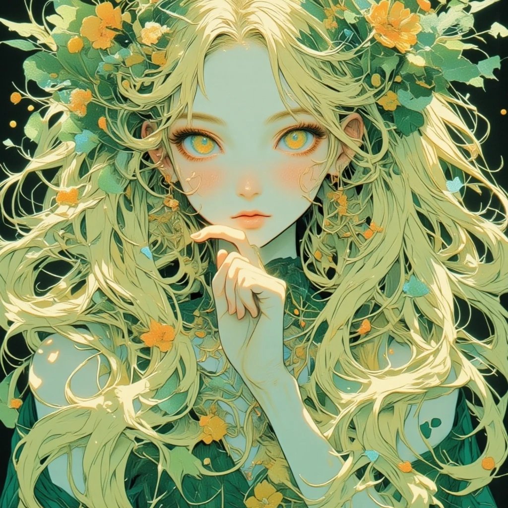 Draw on chest, Honey, (1 girl), ((solitary)), ((solitary)), charming, White skin, By Bangs, Blonde short hair, Green Eyes, Hair accessories, Very long hair, flowering, Shine beautiful light, Flowing long hair, Green headband,Gloves，Eyeshadow,dress), masterpiece, high quality
