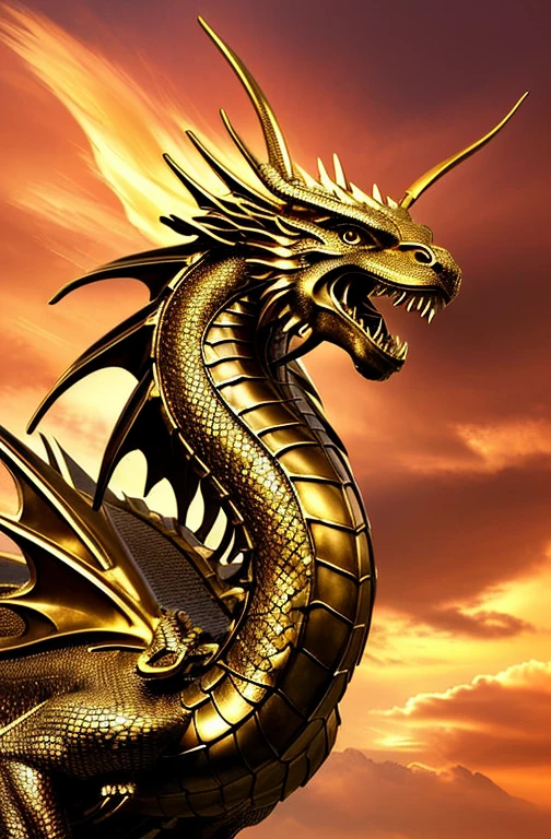 Realistic and magnificent golden dragon with glowing eyes、She strikes a powerful pose against the backdrop of a dramatic stormy sky illuminated by the golden rays of the set… Stretch Download