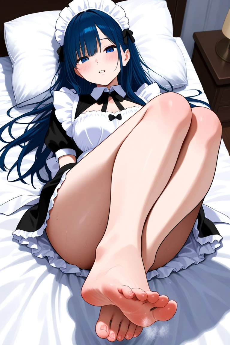 ((masterpiece, best quality)), Delicate face,Maid,whole body,Long legs,Large Breasts,Gradient long wavy hair,Perfect body proportions,Beautiful blue eyes,Extremely beautiful,transparent, Pure white background,Lying down,Erotic_lingerie,Sexy_Bikini,Lace,Garter stockings