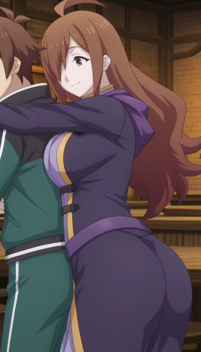 senna 1girl, 1boy, thigh sex, penis, crop top, highleg panties, mature male, grabbing, hug from behind,, masterpiece, best quality, highly detailed,brown eyes