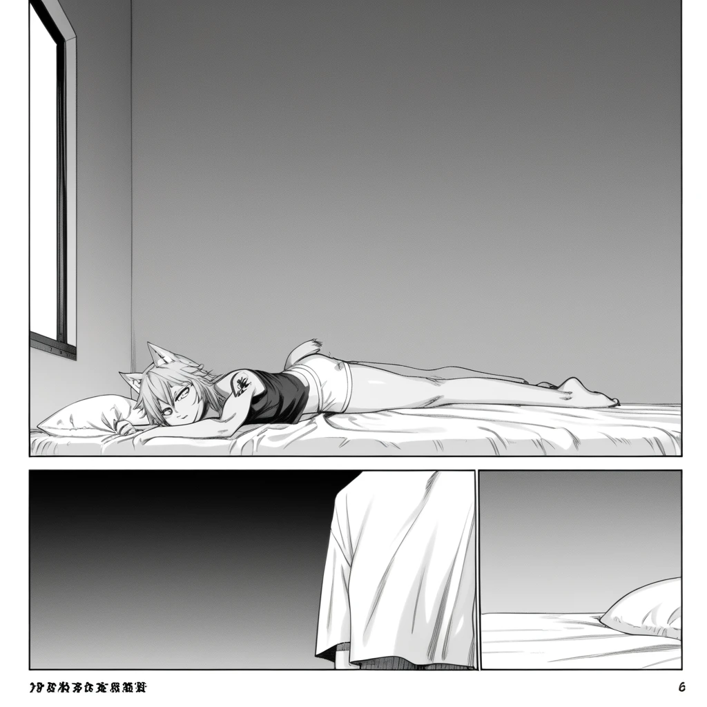 monochrome,grayscale,comic, fighting pose,
(best quality, masterpiece, RAW photo, ultra-detailed: 1.2), 1 17-year-old boy, alone, lying on his bed in his room, looking up at the ceiling with a bored expression,