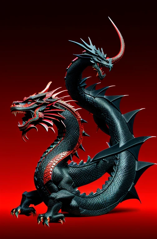 Japanese dragon, full width, beautiful red with black details, black background. A kind dragon, beautiful, clear lines.