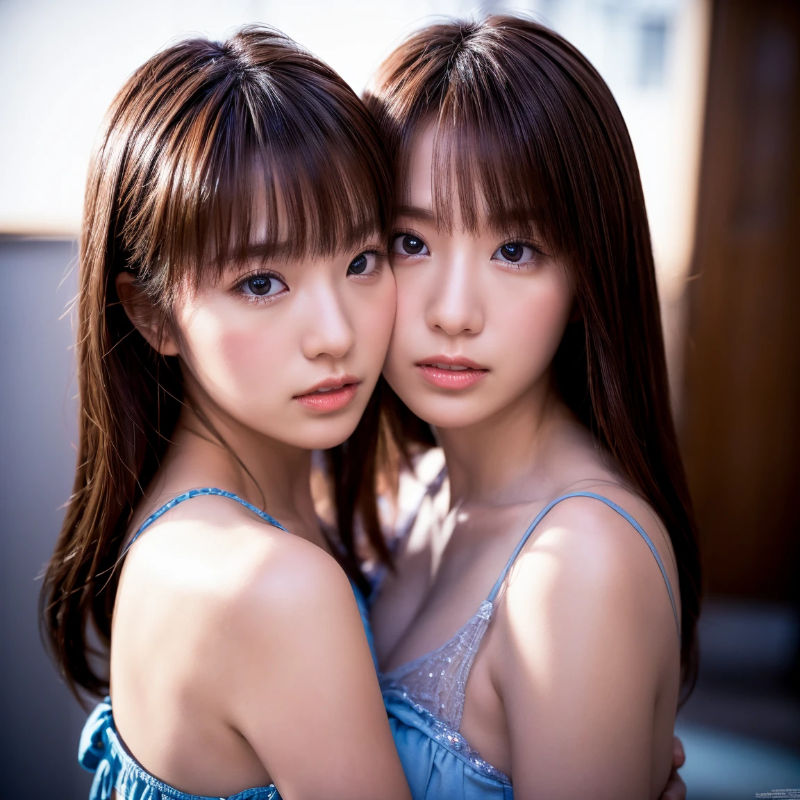 Close-up、Identical twin sisters、
Dialogue: One says something、A scene where the other person is listening。It makes you feel the connection between the two of you.。