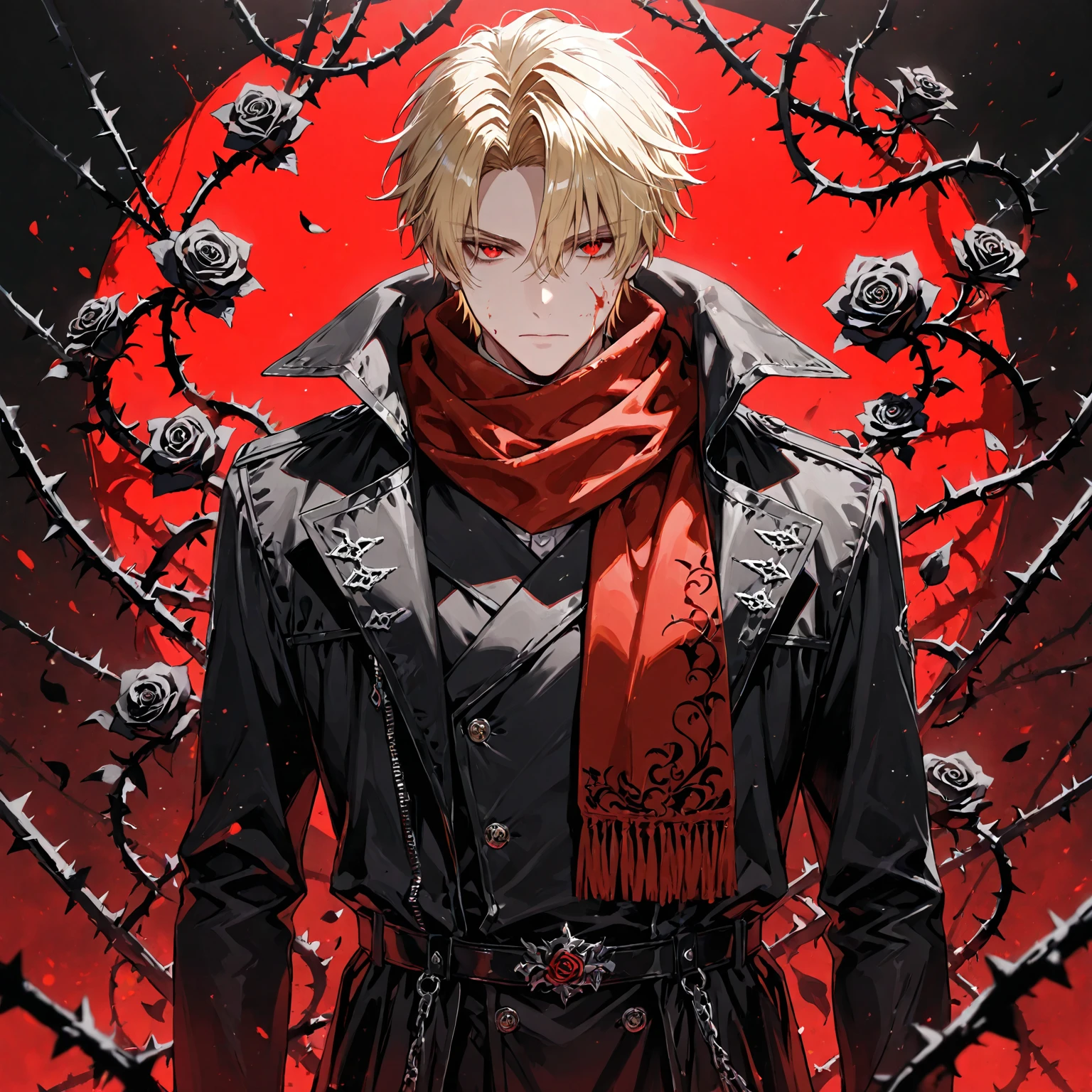 Solo, male, blonde hair, red eyes, black coat, red scarf, black roses, red roses, thorns, blood