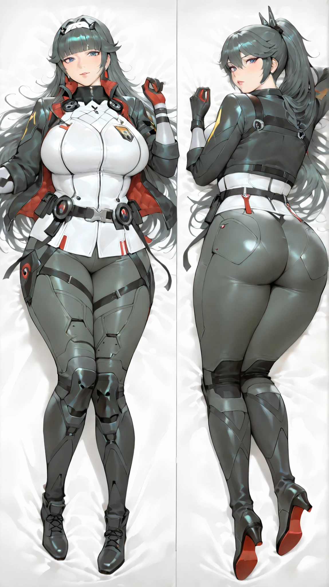 2girls, dark-skinned females, dark-skinned female, dark skin, white hair, long hair, very short hair, large breasts, breasts, wide hips, yellow eyes, smile, bodysuit, black bodysuit, white trim, sleeveless, black pantyhose, pantyhose, futuristic, tech, science-fiction, full body, ((full body)), from behind, ass
