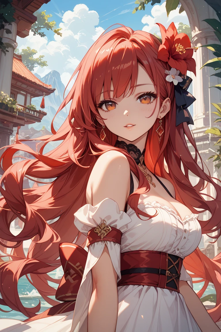 girl, empress, 20yrs old, beautiful, face paint in form of dots, eyeliner, wearing traditional robe, red robe.