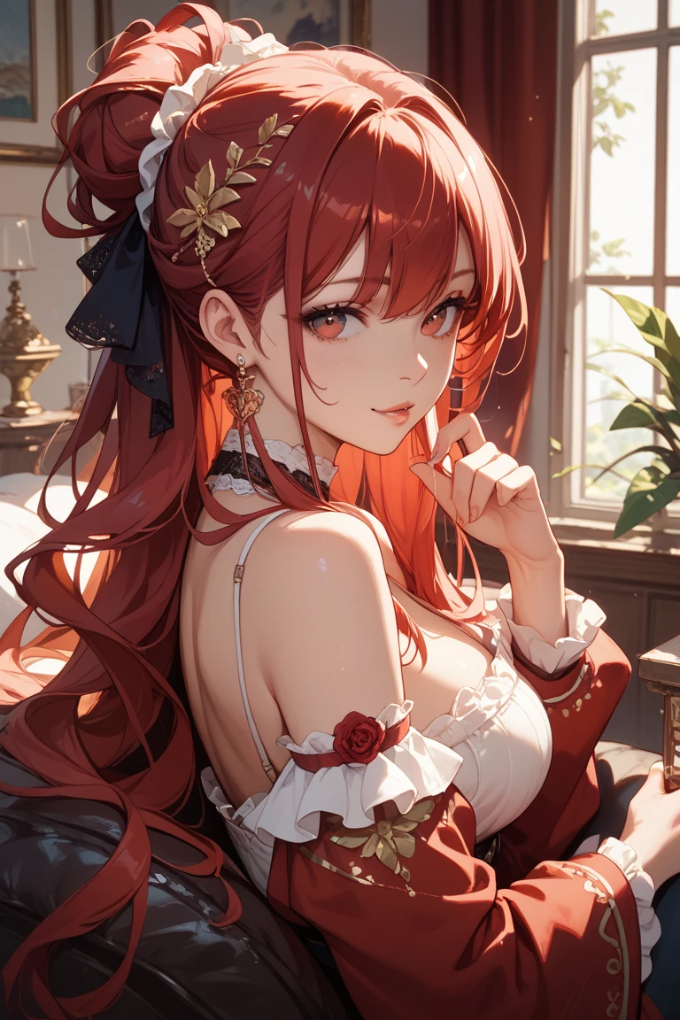 "anime girl, 1 person, bright red hair, shoulder length hair, dark red eyes, small hat, red hat with gold trim, maid, maid outfit, lolita,big breasts, pants stockings, crossed legs, smiling smiling, solo, front view (full HD 4K+ photo)"