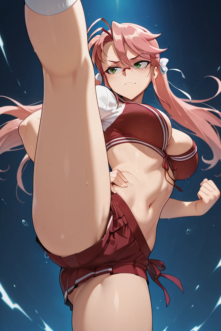 ((female)), (very messy hair), (happy smile), Fangs, ((ripped abs)), toned arms and legs, medium breasts, Excessive sweat, (summer beach scene), bright blue eyes, ( (pink hair)), barefoot, standing