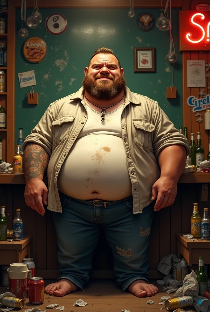 mecanico parrudo de fully body, protruding belly on display, fully body, fatter, tools at your feet, messy mechanic shop background, immersive and sensual lighting