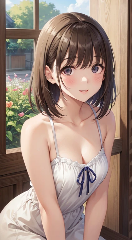 highest quality,masterpiece, High resolution,original, Beautiful detailed eyes,Super detailed, Perfect Anatomy,(highest quality、8k、32k、masterpiece、Hmph:1.2) alone, Cowboy Shot、
anegasaki nene、Shiny brown hair, short hair, Beautiful brown eyes、Dazzling Smile、Happy、Sparkling eyes, (Fine grain)、Super detailedな目、Highly detailed face, Highly detailed eyes,
Beige camisole mini dress、Cleavage、Beautiful collarbone and shoulders、
27 year old pretty girl、Beautiful face in every detail、Small and cute eyes、Rough skin、Slightly parted lips、sexy shot looking at camera、garden、