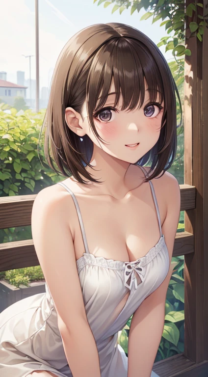 Tabletop, highest quality, Realistic, In detail, High resolution, 8k wallpaper, Perfect dynamic composition, Beautiful details, Bob Cut Hair, Big ample breasts, Random sexy poses,Chest to chest、(Open Chest Crop Tank Top Knitwear Clear Clave,red)、(Breast swelling 1.2)、Laughter、Open your mouth、Resort scenery、Age 25、(Droopy Eyes 1.4)、 beauty、Japanese,