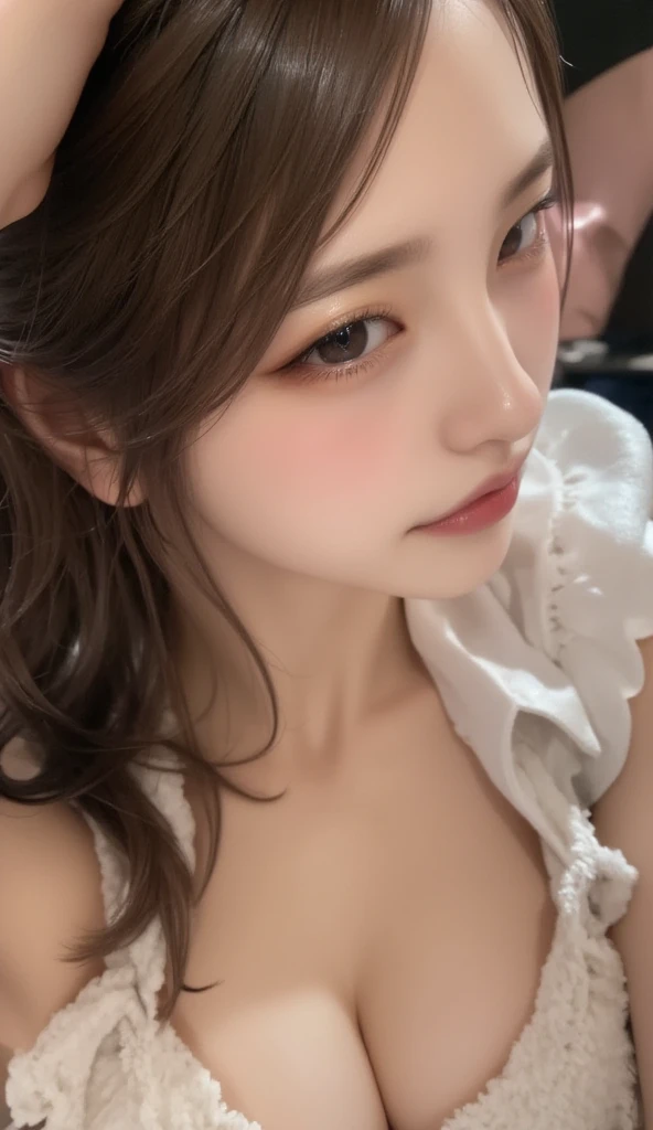 masterpiece, Highest quality, 4K, Ultra-high resolution, mishoujo, Painting, Beautiful eyes and a beautiful face, shape, Beautiful details, high resolution shape, Shine_white_particle, One Girl, Brown Hair, Grey Eyes, 、Large Breasts、belly button、Japanese、Japanese Idols