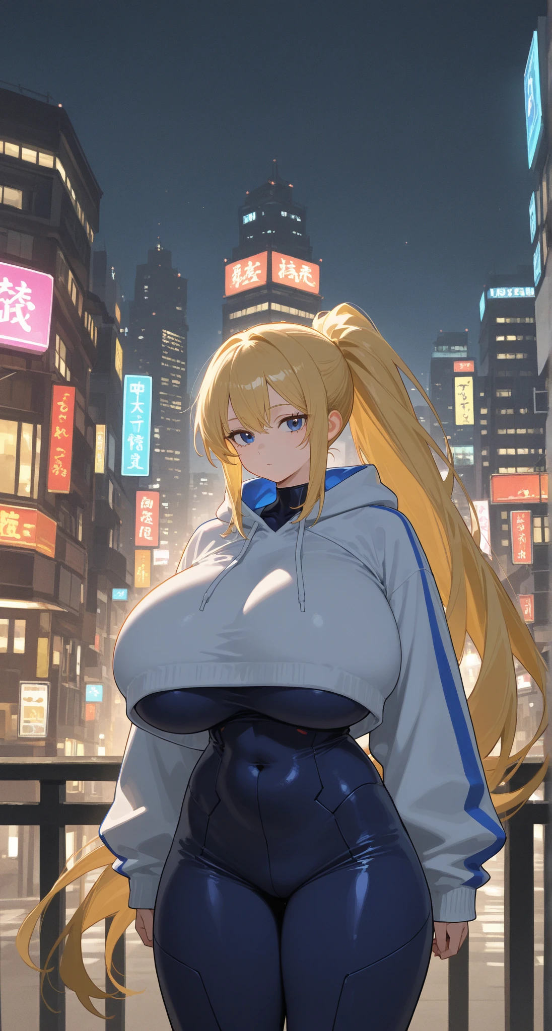 masterpiece, best quality, Kaori Saeki, ponytail, hair tie, blue hoodie, tight black yoga pants, athletic curves, tight ass, large breasts, huge breasts, looking at viewer, city background, cowboy shot