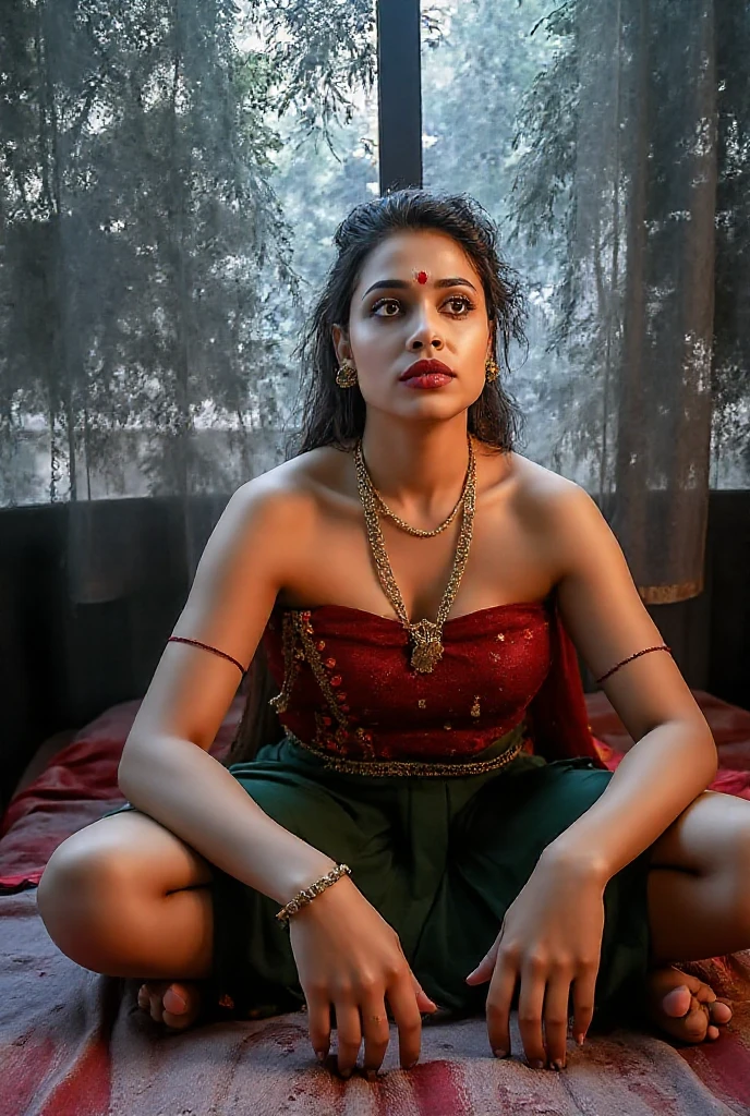 a indian girl sitting on a tree branch in a pink sari, photo of a beautiful girl, traditional beauty, gorgeous woman, 70 mm portrait, beautiful model, dressed in a sari, soft portrait shot 8k, portrait shot, 70mm portrait, indian goddess, wearing a sari, beautiful woman, assamese aesthetic, hindu aesthetic, indian, beautiful portrait photo, deep cleavage