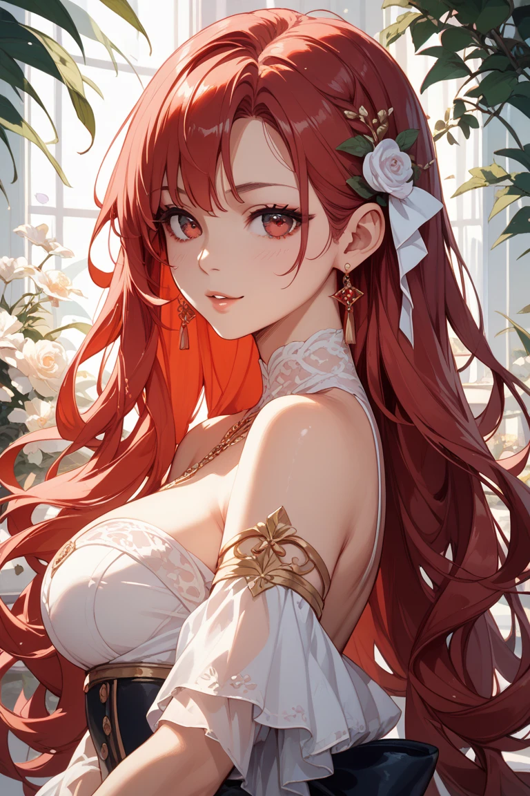 (masterpiece, best quality, beautiful and aesthetic:1.3), look back, side view, 1woman, ((very mature woman)),(30 years old, thirties), solo, light smile, (bred hair streaked orange:1.4), (Gradient red hair ends:1.6), hair strand, absurdly hair, single sidelock, wavy hair, shiny hair, floating hair, (deep red eyes), delicate eyes, aqua eyes, super high detailed eyes, long upper eyelashes, makeup, Focus on face, Very detailed facial, Pretty Face, Perfect breasts, hot body, (Delicate skin texture:1.2), bridal veil, (Red lace-trimmed dress), see-through, (Red wedding dress), (nipples are erect),outdoors, white roses, garden, morning, standing, extreme detailed, light smile