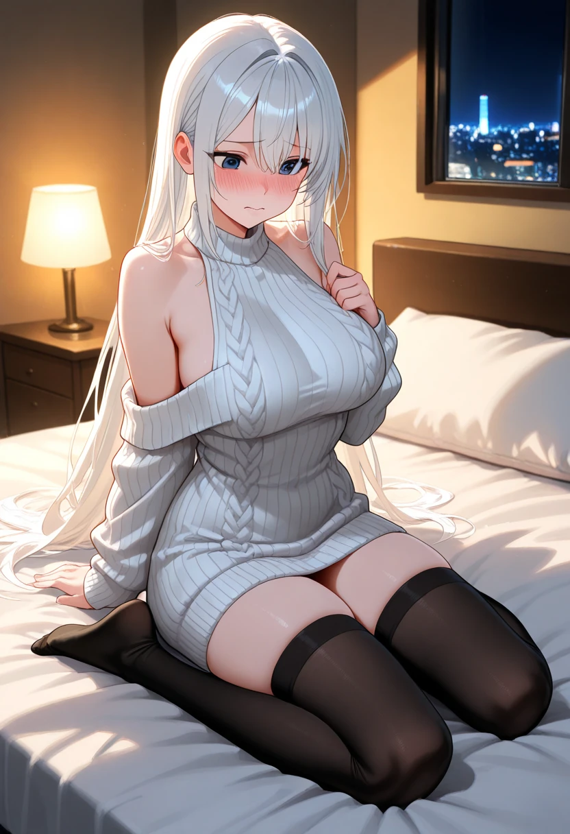 1Girl, Solo, Anime, Ideal body, (Cleavage, Small breast). Beautiful, Gorgeous, Fresh, Blunt Bangs, (White Grey Hair:1.5),(Straight and Wavy Long Hair:1.3), sleep cloth, sleep dress, night dress, Off-Shoulder, Oversize , dress laced, Comfort, Loose dress, satin Texture. (Sit on bed:1.3). Earrings, Thin Black Headband, Green Accessories, Environmental Details, Bed Room, Natural Light, Modern Bed, Chair, Window, White Curtain, City View. pov, anime style, UHD, retina, masterpiece, accurate, anatomically correct, textured skin. High Resolution, Looking at viewer, Blush, Best Quality, Award Winning, Accurate, Embarrassed, seductive smile, sweating, Naughty Face, Naughty, Gradient Eye Color, Sexy Pose. Cowboy Shot, licking lips, high class, tongue out.