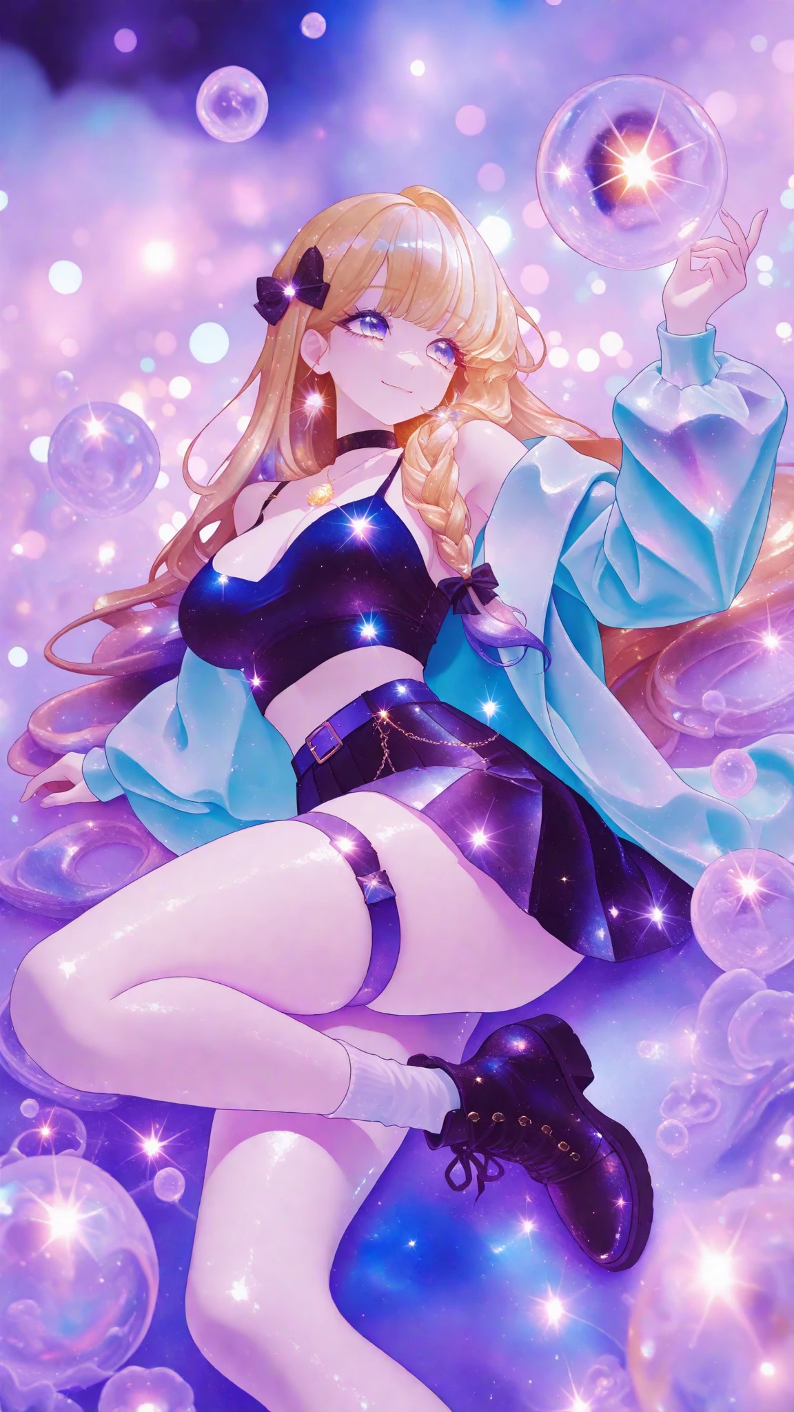 Jellyfish hat, jellyfish nipple seal, bikini and jellyfish fusion, active pose, natural luminescence, pigtails, rabbit ears, small, lower breasts, female brat, thick eyebrows, thin waist, beautiful blonde, braid, (masterpiece), ((highest quality)), (super detailed), girl, (beautiful eyes)), beautiful detailed eyes, clean and detailed face, five fingers, textile shading, perfect anatomy,