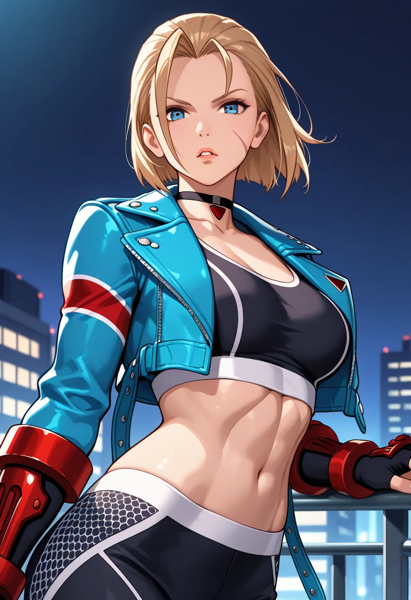 cammy white, short hair, antenna hair, blue eyes, scar on cheek, large breasts, black choker, collarbone, blue jacket, cropped jacket, open jacket, sports bra, midriff, fingerless gloves, black gloves, ((high cut thong lingery sexy)),light smile,simple background,sexy thong, cleavage,pose focus on butt,focus on waist,