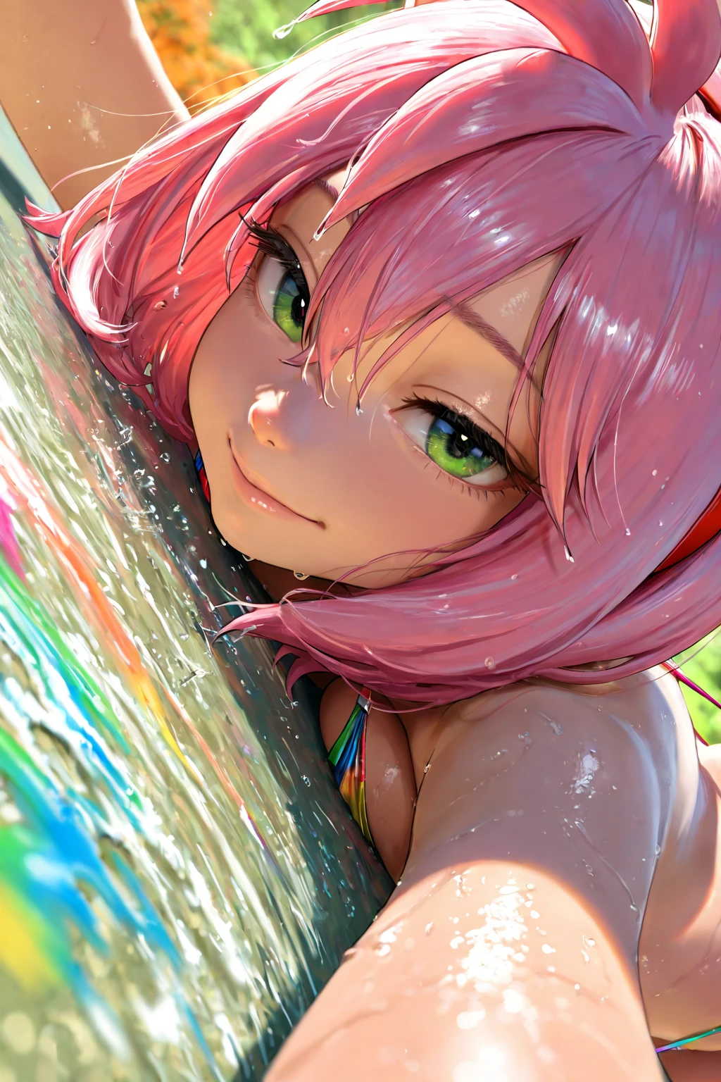 Sakura Uchiha, pink hair and green eye, Swims in the pool, Without swimsuit. 
