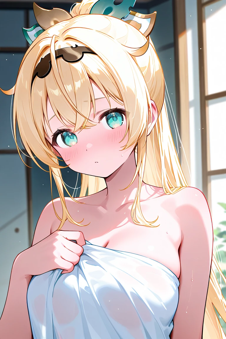 (​masterpiece)、(top-quality)、(extremly tiny bikini:1.5)、(blushed face:1.3)、(hide your chest with both hands:1.5)、Almost naked、a beauty girl、Embarrassed look、A slight smil、a very cute、Clear eyes、Shining eyes、large udder、Tummy is visible、cleavage of the breast、lower abdom、An ultra-high picture quality、ultra-definition、Photorealsitic、Golden hair