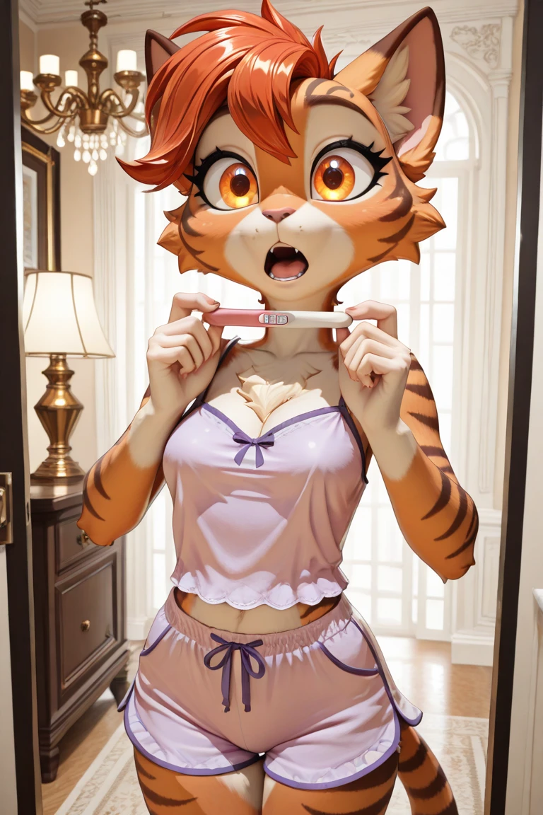 Cute little character in bright 3d with front, Tiger, Cute little girl, petite,long purple hair, white lingerie, sweetie, pigtails, scared, dripping, spread, crying, hiding, raindow, gold, high-definition high-quality 4k resolution