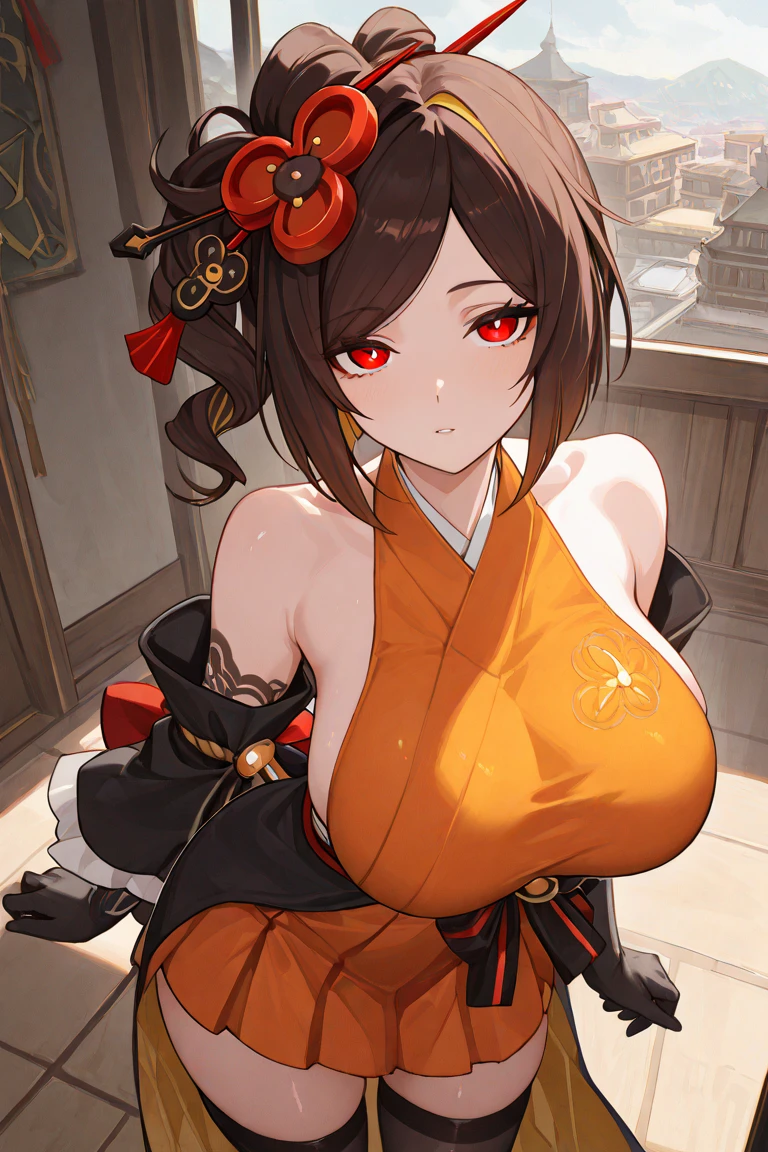 (masterpiece:1.3, highly detailed:1.3, highres:1.1, best quality, HD), ((japanese wooden house, green garden window view)), ((chiori, hair ornament, japanese clothes, kimono, hair flower, elbow gloves, (pantyhose:1.3), obi, long hair, choker)), ((exposed breasts, nipples, (nude top:1.3), large breasts)), ((1boy, penis, squatting cowgirl position, vaginal, pov, motion lines, uncensored)), ((angry, irritated, closed mouth))