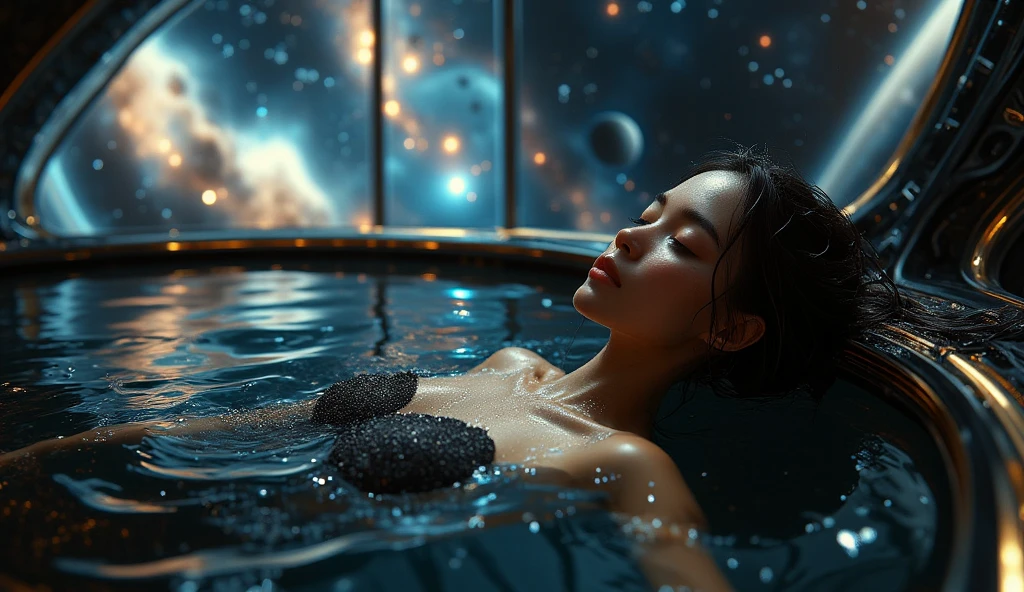 woman taking a bath in space with Jupiter in front, high quality photo, vibrant colors