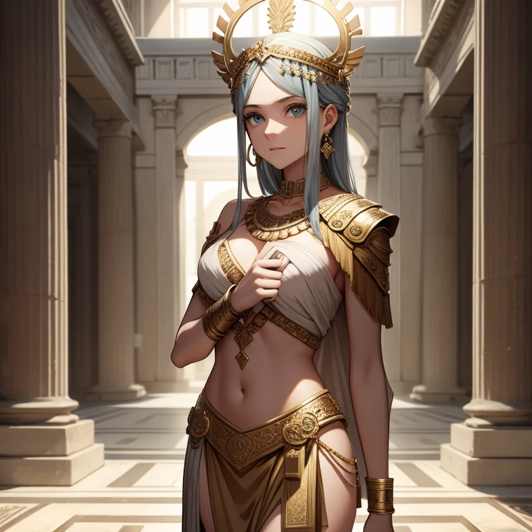 (Nefertari Vivi) , ( 1girl ) , alone , Muscular anime girl , wheyfu girl , as a white stone marble figure , female statue , ancient roman statues , upright