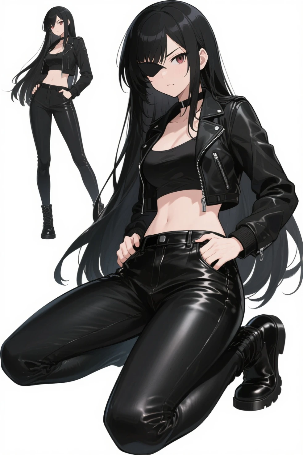 The most handsome and beautiful gothic demon woman with long jet black hair and golden eyes only wearing high heels and a black leather harness showing her seductive body. nsfw