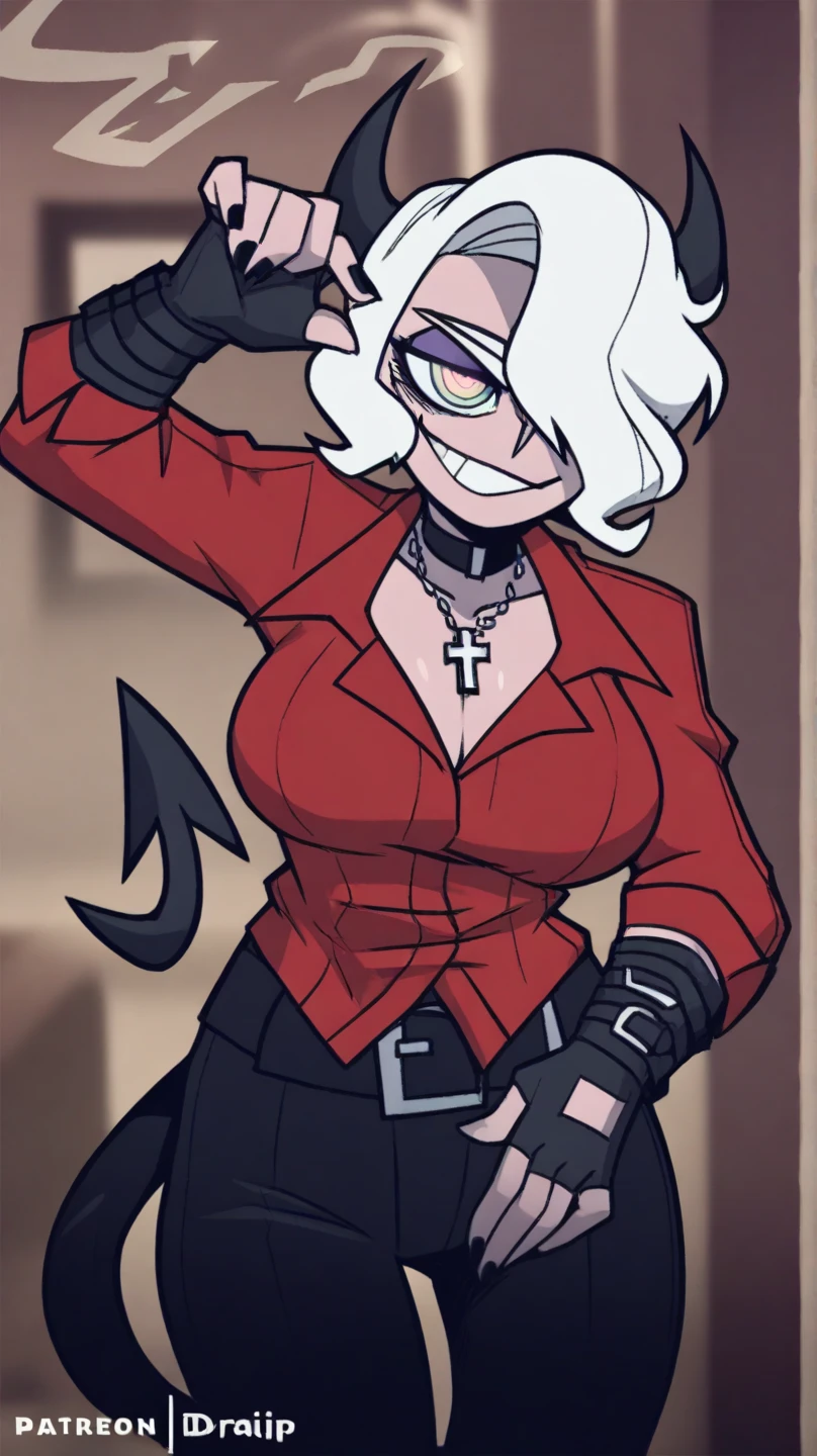 1girl, solo, mature woman, pointy ears, breasts, wide hips, thick thighs, blush, blushing, horns on head, demon tail, large breasts, dynamic angle, sharp focus, standing, heterochromia, 8k resolution, cargo crate, zip up, industrial facility, rolled up sleeve, popped up collar, mechanic jumpsuit, gloves, skin tight, work boots, cargo pockets, chest pockets, cleavage, thigh gap, boob overfill, covered nipples,
