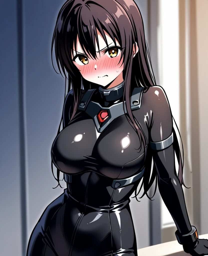 (masterpiece:1.4),(best quality:1.4), soft lighting, cinematic bloom, beautiful face, beautiful eyes, cowboy shot, studio, photo model,
(Annerose:1), 1girl, solo, female mature, black hair, long hair, yellow eyes, large breasts, fully suited, black bodysuit, black outfit, higheels, shiny clothes, skin tight, hair intakes, covered breasts, sideboob, extremely detailed character design CG unity 8k HDR, beautiful character design, professional art, (solo:1.5), (cowboy shot:1.1), (((bathroom background:1.4))), (blushing:1.3),