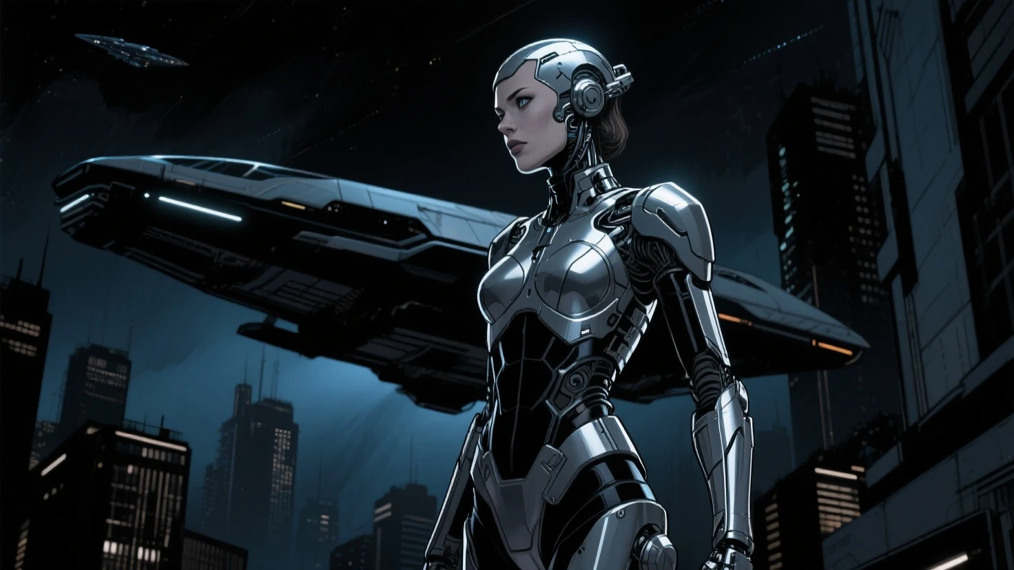 a close up of a woman with a futuristic head and a futuristic city in the background, retrofuturistic female android, sci-fi android female, perfect android girl, beautiful female android!, portrait beautiful sci - fi girl, portrait of a female android, beautiful android woman, beautiful female android, female android, cyborg goddess in cosmos, scifi woman, portrait of female android
