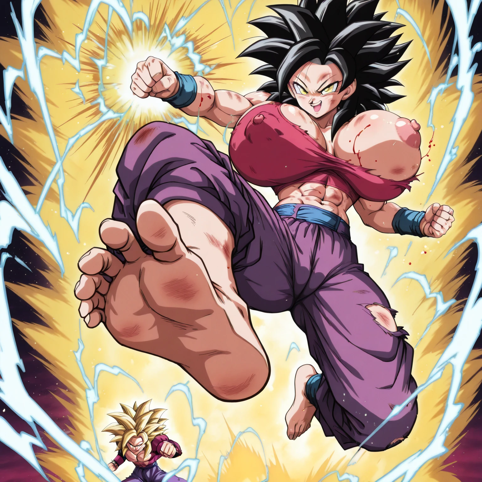 ((barefoot)),((kick:8)),(( 2 women 1 :8)),((Barefoot)),((大きな足の裏を見せるkick1:8)),(((1:4))),(( 2 women 1:8)),(( 2 women 1:8)),(( 2 women 1:8)),(( 2 women 1:8)), anime screencaps, masterpiece, Highest Quality, amazing quality, very beautiful, extremely high resolution,  Newest, (Scenery, Volumetric Lighting),(Dragon Ball\), Multiverse, Super Saiyan 2, 1990s \(style\), Anime Coloring, retro art style,  , Areola,Smiling face,is watching viewers, Blonde, belly button, green eyes,  Blood, Spike Hair,, Injury, electricity, golden aura,((Abs1:2)) ((bruise 1:8)), ((Gigantic torn clothes 1:8)),((Abs)),((Barefoot)),((大きな足の裏を見せるkick1:8)),
 (巨大な1:8),(big  implants1:8),((  and  1:8)),(((gigantic 1:8)),((Puffy )),((非常に巨大な1:8)),((が上下に揺れる1:8)).Super_Saiyan_4_Caulifla, 1girl, long black hair, body fur, red fur, yellow eyes, crop top, purple pants,
masterpiece, Highest Quality, amazing quality, very beautiful, extremely high resolution,  Newest, (Scenery, Volumetric Lighting),, punching, incoming attack, incoming punch,angle from below in thick white smoke