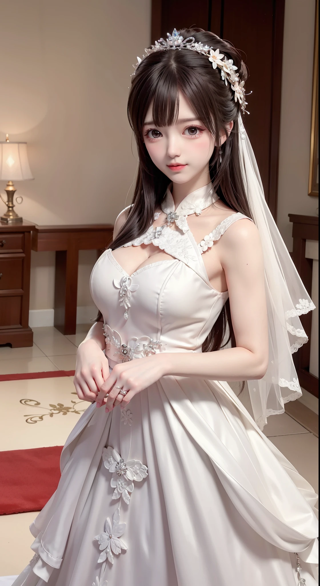 Gorgeous Wedding Dress、8k、Frills、Embarrassed face、Depiction from diagonally below、See-through、Unbuttoned